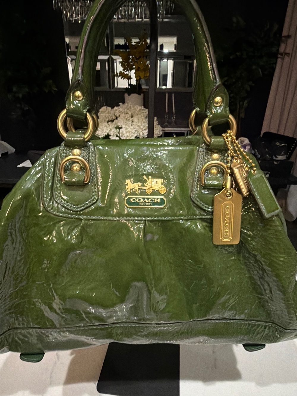 Coach Ashley Olive Green Patent Leather Satchel with Gold Hardware